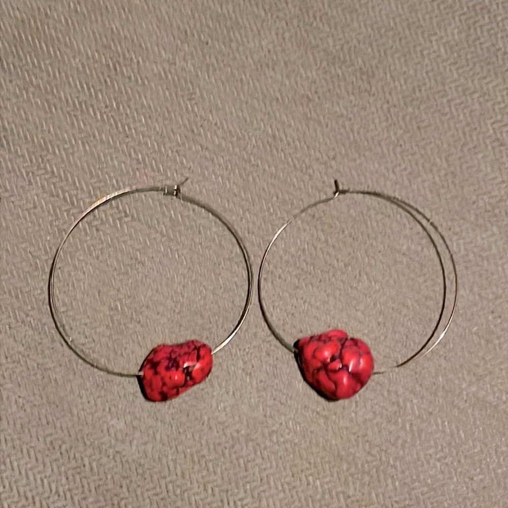 Red turquoise gem stone hoop earrings